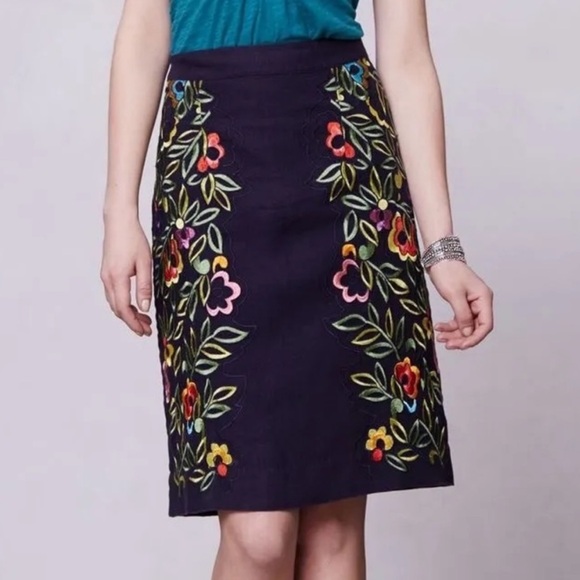 Moulinette Soeurs Floral Embroidered Linen Pencil Skirt Blue 2 - Picture 2 of 15
